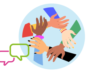 within a light blue circle there are five hands holding each others arms in a circle of friendship. there are green and pick speech bubbles to the side.